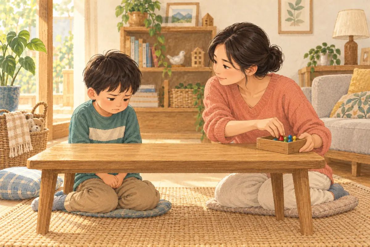 家長先把散落的遊戲棋子收遠，陪情緒激動的孩子在桌邊留出安全空間