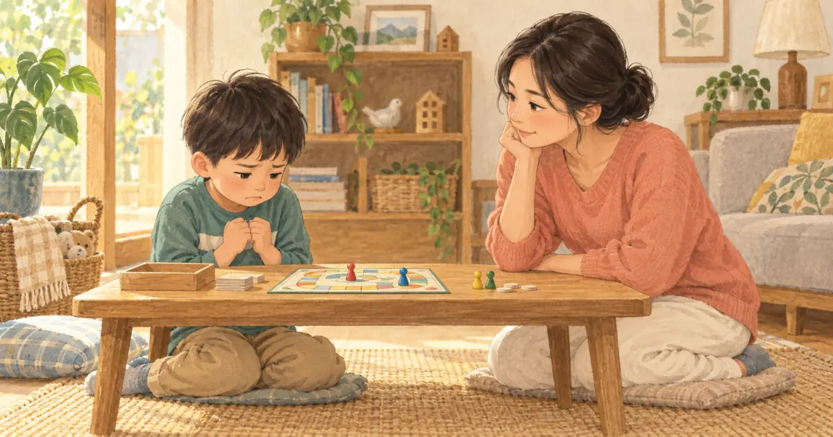 台灣低年級孩子在桌遊結束後失望地坐在矮桌旁，家長蹲在同一高度平靜陪伴