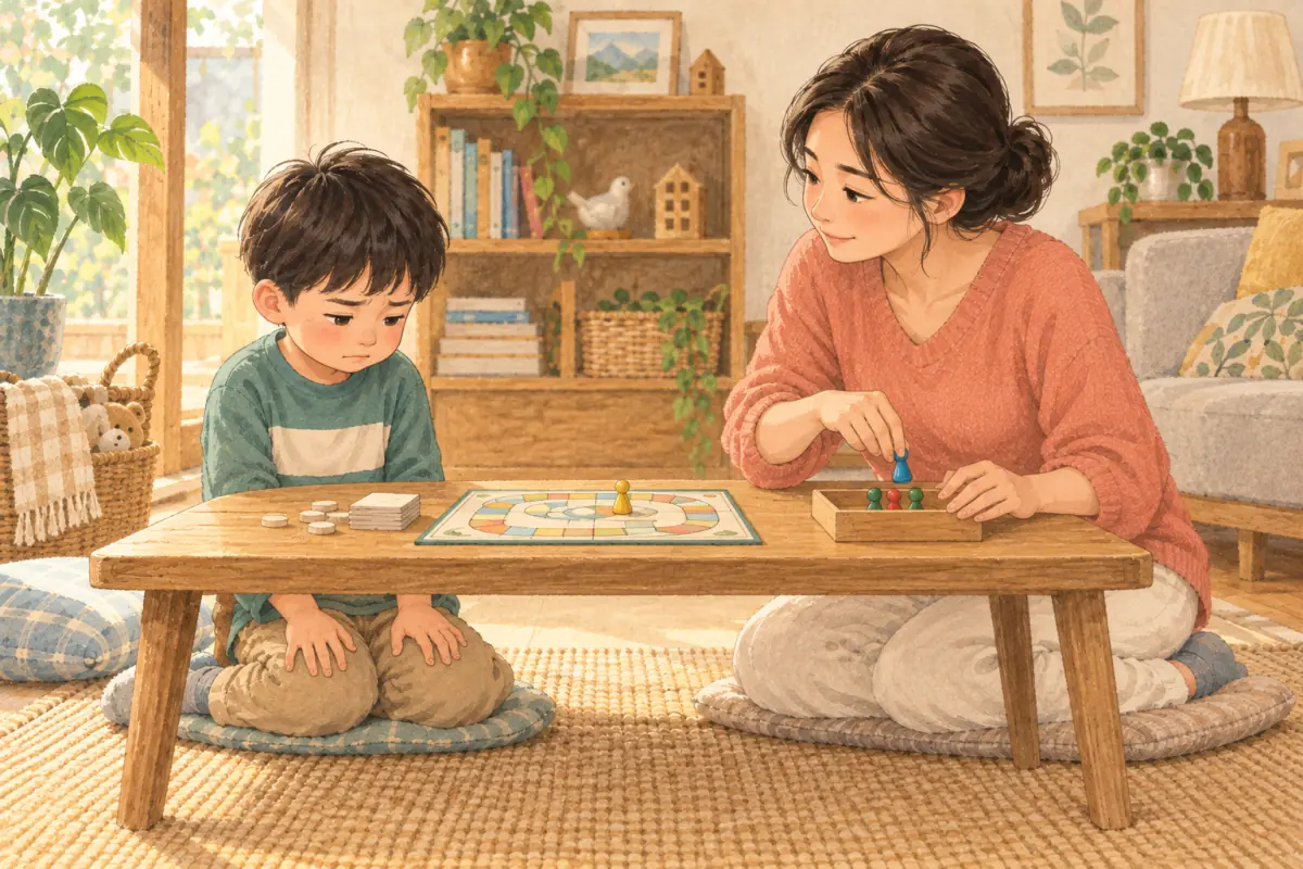 同一對家長與孩子在短桌遊結束後一起收棋子，孩子把雙手放在膝蓋上練習停一下
