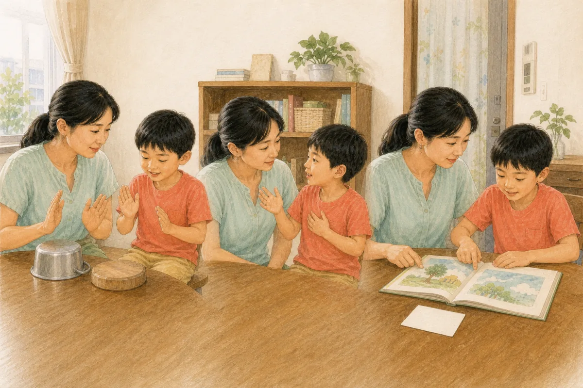 一條由耳朵聽聲音、嘴巴說完整句、親子共讀到最後才出現少量空白符號卡的學習路徑