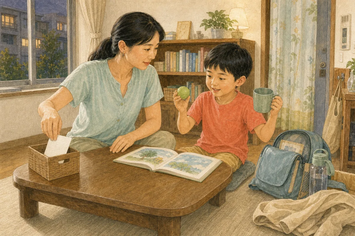 家長在睡前和孩子共讀圖畫書，先聊故事，再用兩個日常物品玩聲音，旁邊放著收好的書包