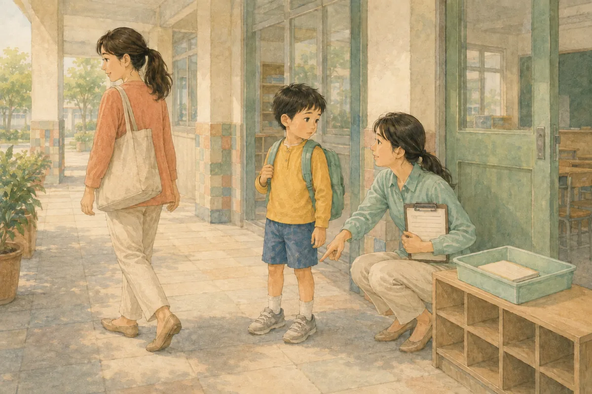 家長與國小老師在校門旁用簡短紀錄對照孩子哭泣開始與恢復的時間，孩子在教室裡完成放聯絡簿的小任務