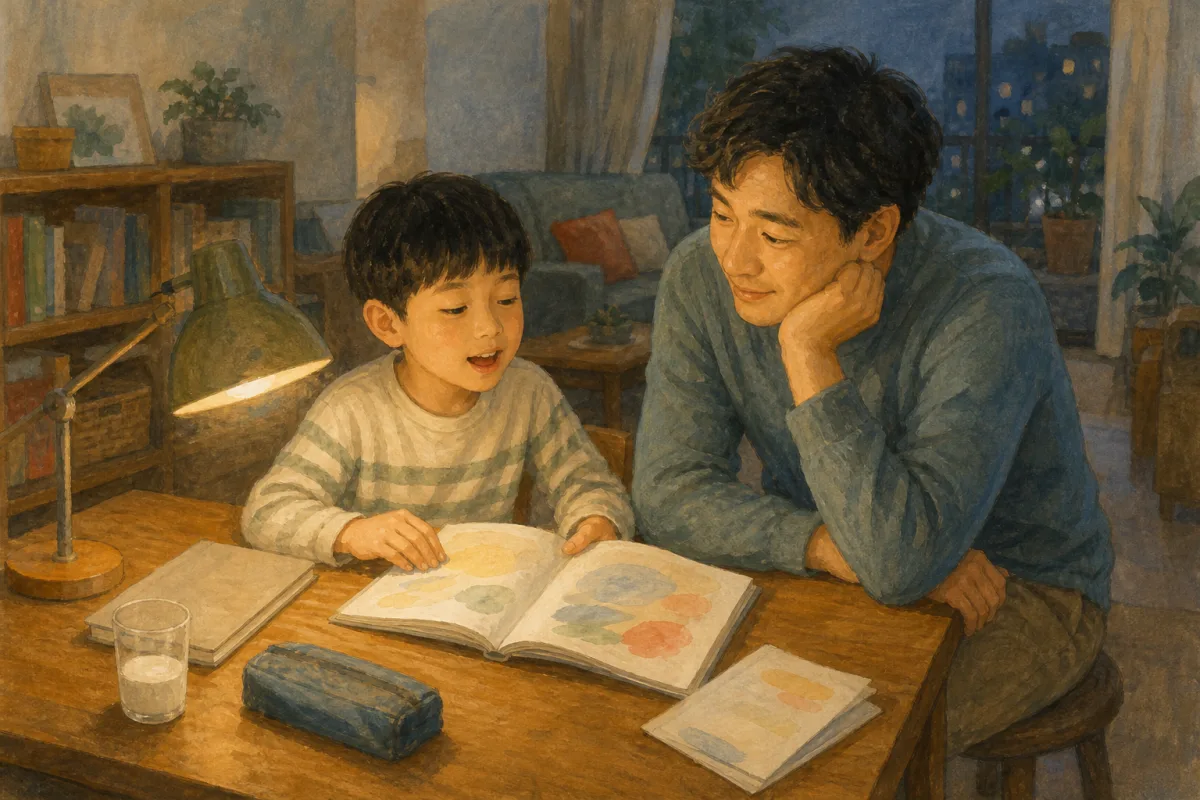 晚餐後書桌上的聯絡簿、課本與短練習並排的場景