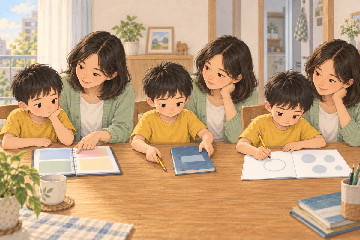 孩子依序查看聯絡簿、找齊文具、圈出第一題，家長在旁觀察卡住的步驟