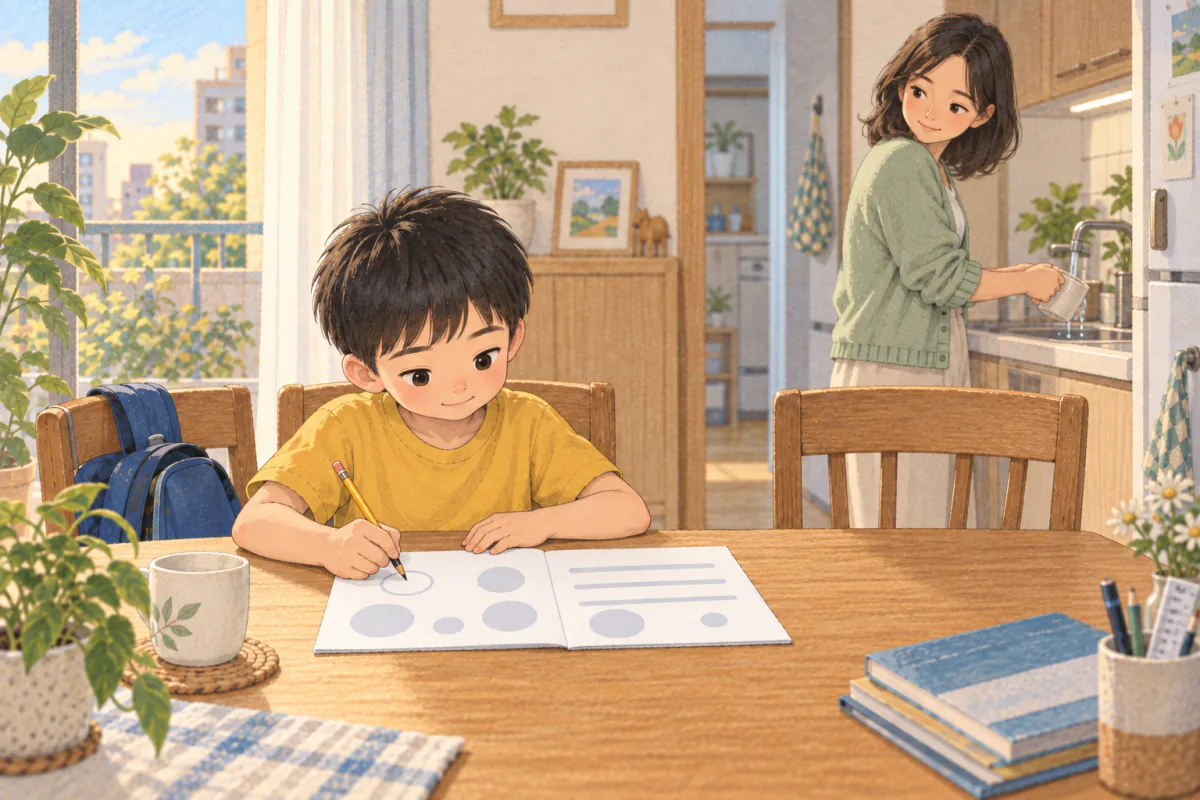 孩子自己完成作業的一小段，家長在同一空間整理餐具並在約定時間回來查看