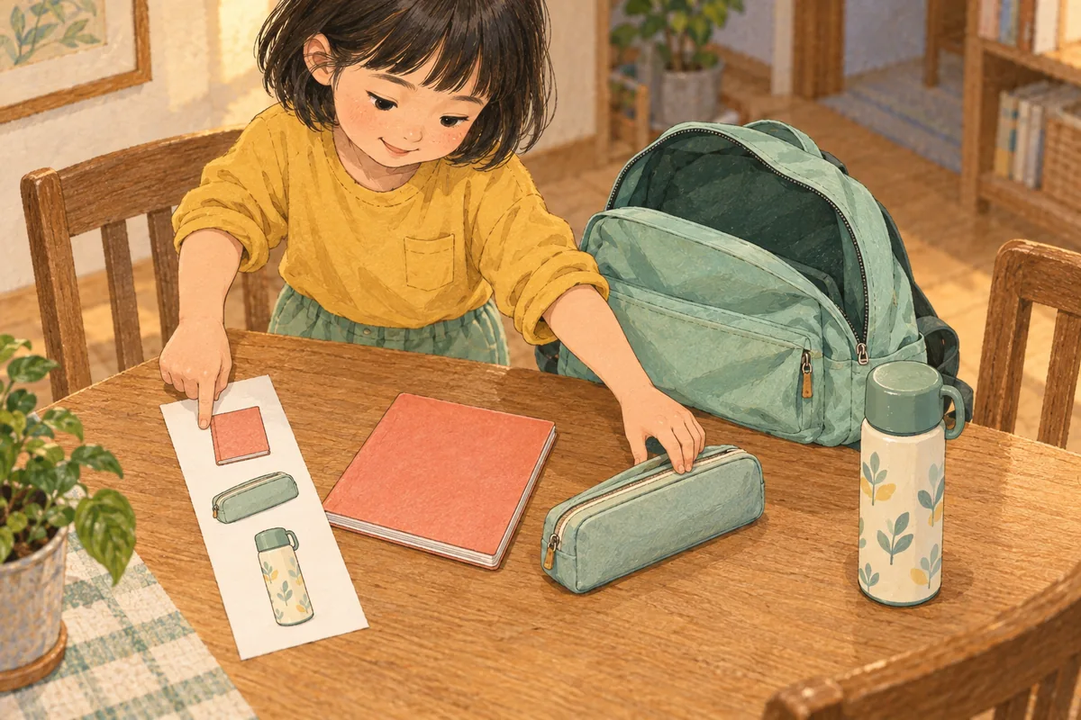 書包旁依序放著課本、鉛筆盒與水壺，孩子把照片提示和眼前實物逐一比對