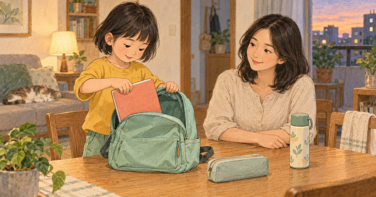 台灣家庭晚餐後，孩子在矮桌旁自己把課本放進書包，家長坐在一旁安靜陪伴