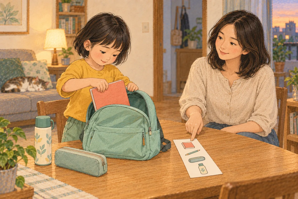 孩子把課本放入自己的書包，家長坐在一旁指向照片清單，雙手沒有代替孩子收拾