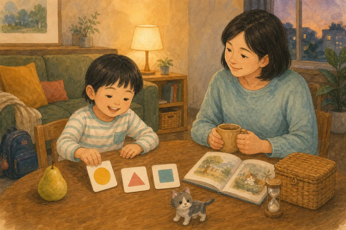 孩子在晚餐後用三張抽象圖卡、熟悉物品和圖畫書進行短練習,家長在旁等待