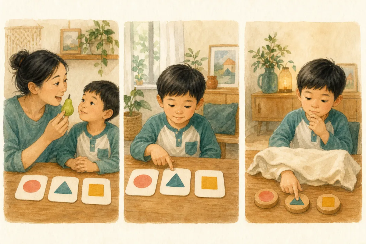 孩子依序進行聽熟悉語詞、配對少量圖卡與遮住卡片後回想的三格插畫