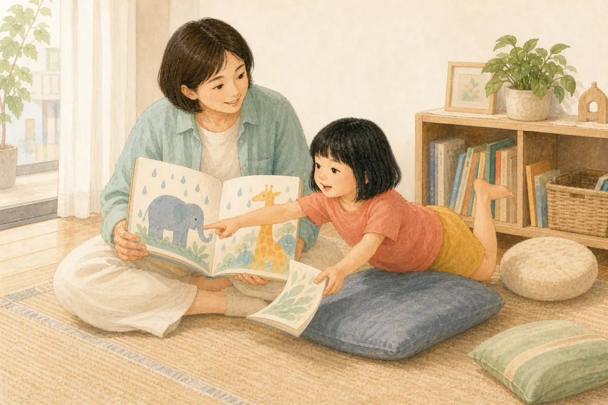 孩子趴在坐墊上換姿勢，同時指著圖畫、伸手翻頁，視線仍和家長及故事保持連結