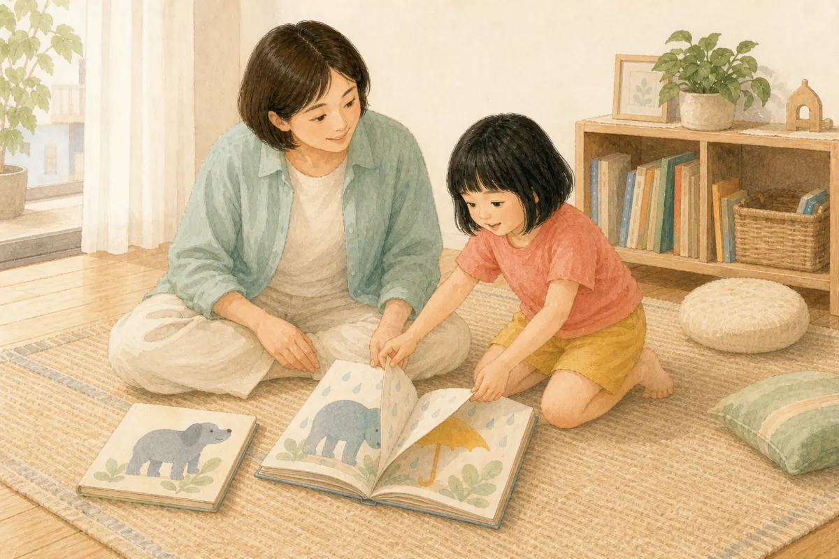 地墊上只有兩本圖畫書，孩子選了一本並負責翻頁，家長在同一高度陪讀