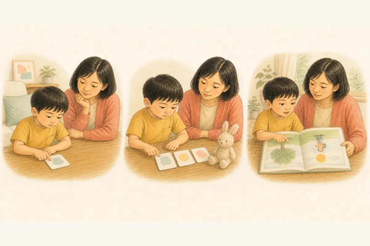 孩子閱讀同一頁故事時依序處理注音符號、熟悉詞組與完整句意的三段式插畫