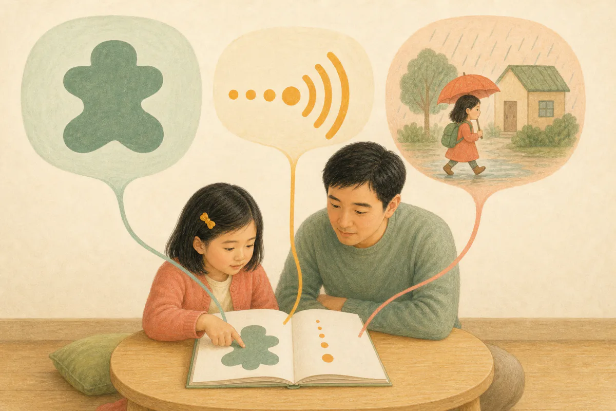 同一個孩子依序連結書頁上的大字形、金色聲音線索與故事圖意三層資訊