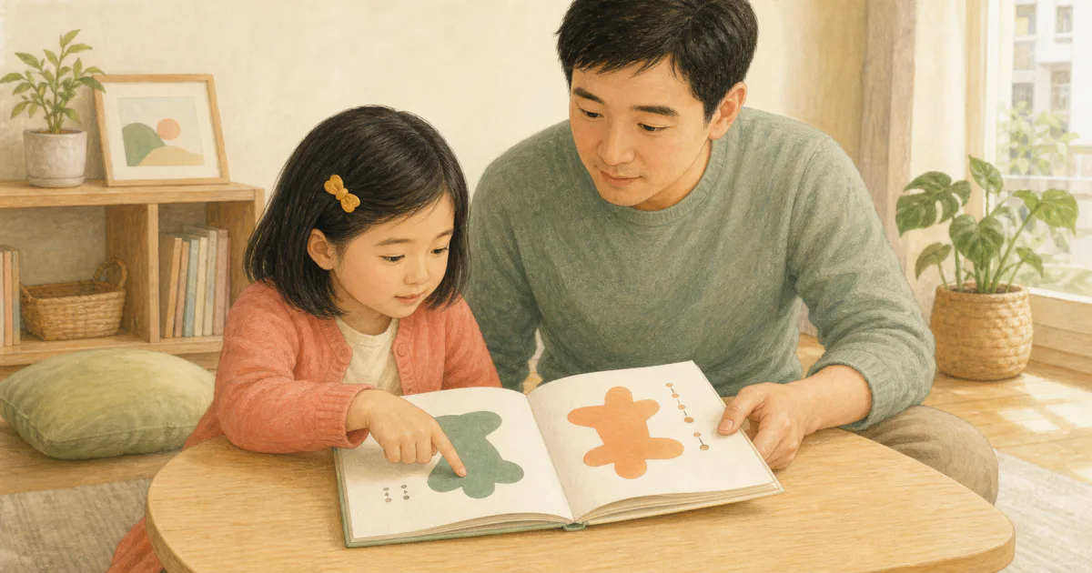 家長陪低年級孩子讀同一本書,孩子的手指停在大字而注音提示仍清楚保留