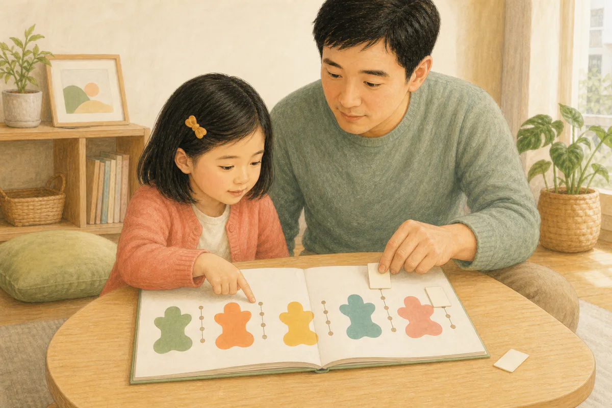 家長在餐桌旁只遮住故事書中少數熟字旁的小提示,孩子指著大字平靜重讀短句